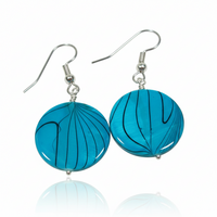 Bright Blue & Black Striped Shell Earrings – Handmade Jewelry with Hypoallergenic Ear Wires - Thumbnail 1