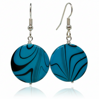 Bright Blue & Black Striped Shell Earrings – Handmade Jewelry with Hypoallergenic Ear Wires - Thumbnail 2