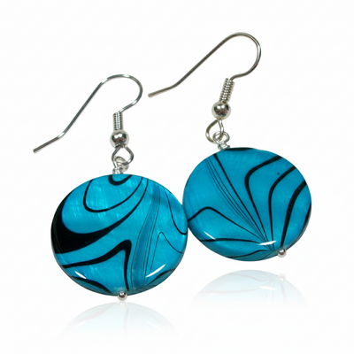 Bright blue & black striped shell earrings – handmade jewelry with hypoallergenic ear wires