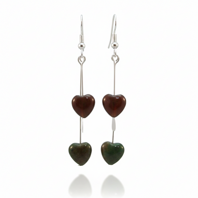 Fancy jasper double heart dangle earrings – handmade gemstone jewelry with hypoallergenic earwires