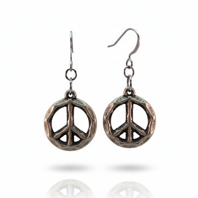 Rustic dark pewter peace sign earrings – handmade boho jewelry on gunmetal brass earwires