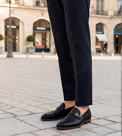 Crafted Leather Mens Designer Classic Black Woven Leather Moccasin Loafers Dress Shoes