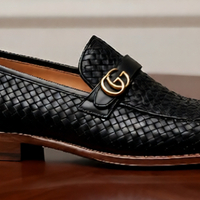 Crafted Leather Mens Designer Classic Black Woven Leather Moccasin Loafers Dress Shoes - Thumbnail 1