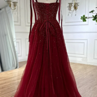 A line Straps Burgundy Mother Of Bridal Dress Tulle Prom Evening Dresses - Thumbnail 1