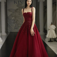 A line Straps Burgundy Mother Of Bridal Dress Tulle Prom Evening Dresses - Thumbnail 3
