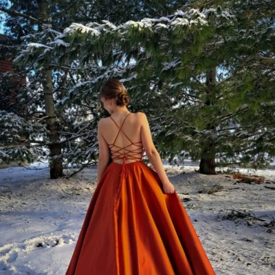 Simple orange a line backless satin long prom dresses - Thumbnail 1