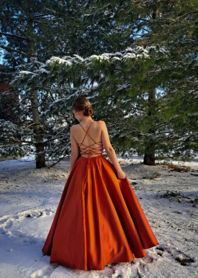 Simple Orange A Line Backless Satin Long Prom Dresses