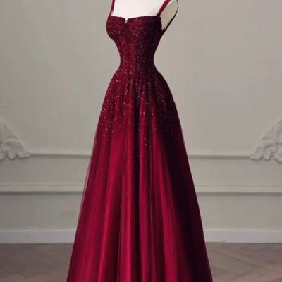 A line straps burgundy mother of bridal dress tulle prom evening dresses - Thumbnail 1