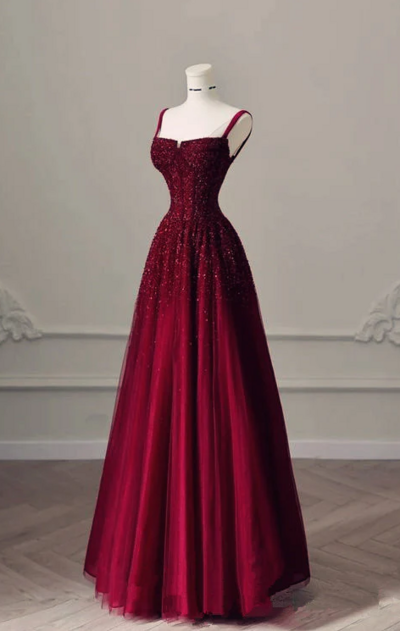 A line Straps Burgundy Mother Of Bridal Dress Tulle Prom Evening Dresses