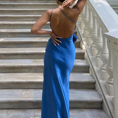 Sexy backless royal blue satin prom dresses - Thumbnail 1