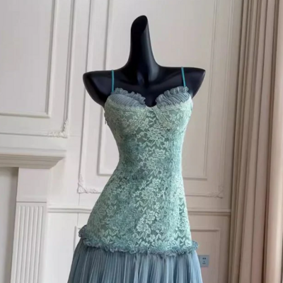 A line spaghetti straps lace short outfit homecoming dress - Thumbnail 1