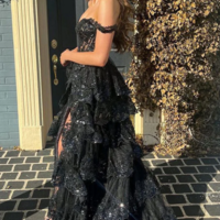 Off Shoulder Black Lace Long Prom Dress With High Slit - Thumbnail 1