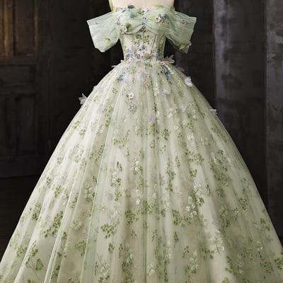 Pastel green 3d flower prom dress off shoulder princess ball gown