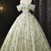 Pastel Green 3D Flower Prom Dress Off Shoulder Princess Ball Gown - Thumbnail 1