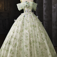 Pastel Green 3D Flower Prom Dress Off Shoulder Princess Ball Gown - Thumbnail 2