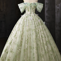 Pastel Green 3D Flower Prom Dress Off Shoulder Princess Ball Gown - Thumbnail 3