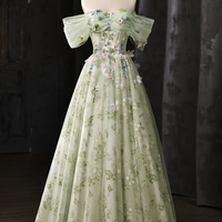 Pastel Green 3D Flower Prom Dress Off Shoulder Princess Ball Gown - Thumbnail 4