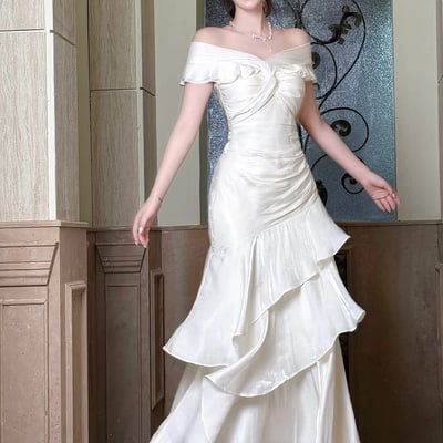White satin mermaid prom dress off shoulder ruffle trim evening gown