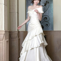 White Satin Mermaid Prom Dress Off Shoulder Ruffle Trim Evening Gown - Thumbnail 1