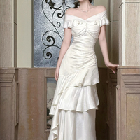 White Satin Mermaid Prom Dress Off Shoulder Ruffle Trim Evening Gown - Thumbnail 2