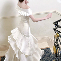 White Satin Mermaid Prom Dress Off Shoulder Ruffle Trim Evening Gown - Thumbnail 3