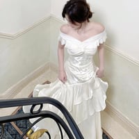 White Satin Mermaid Prom Dress Off Shoulder Ruffle Trim Evening Gown - Thumbnail 4