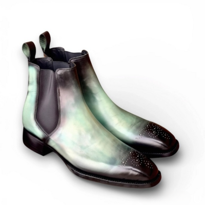Crafted leather mens designer classic green cyan patina leather chelsea boot