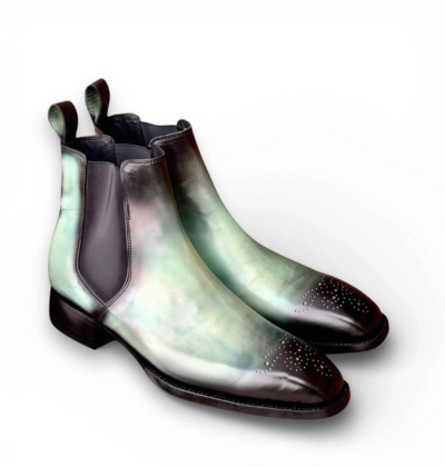 Crafted Leather Mens Designer Classic Green Cyan Patina Leather Chelsea Boot