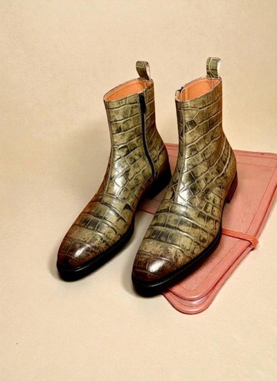 Crafted Leather Mens Designer Classic Green Crocodile Patina Leather Jodhpur Boot