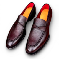 Crafted Leather Mens Designer Classic Burgundy Leather Moccasin Loafers Dress Shoes - Thumbnail 1