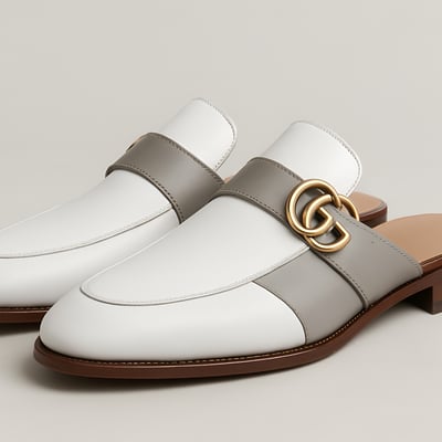 Crafted leather handmade gray white leather mules loafers shoes