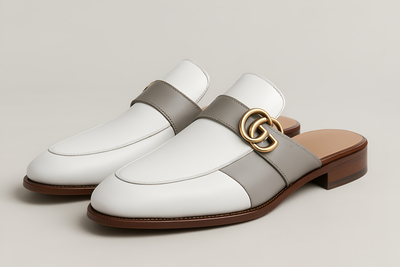 Crafted Leather Handmade Gray White Leather Mules Loafers Shoes