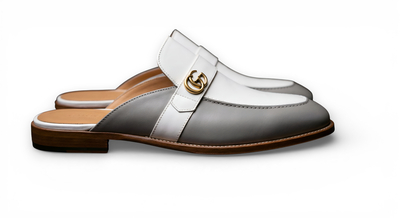 Crafted Leather Handmade Gray White Leather Mules Loafers Shoes