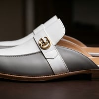 Crafted Leather Handmade Gray White Leather Mules Loafers Shoes - Thumbnail 1