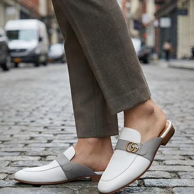 Crafted leather handmade gray white leather mules loafers shoes