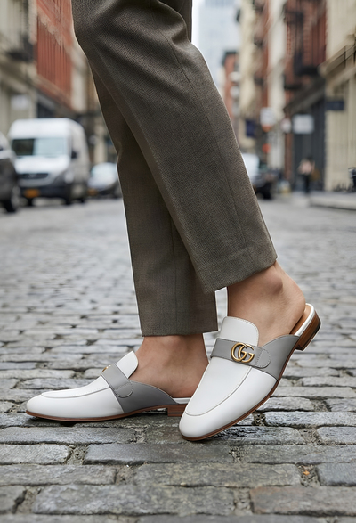 Crafted Leather Handmade Gray White Leather Mules Loafers Shoes
