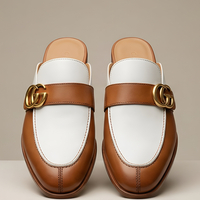 Crafted Leather Handmade Classic Tan Brown White Leather Mules Loafers Shoes - Thumbnail 2