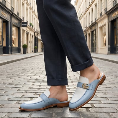 Crafted leather handmade classic sky / white leather mules loafers shoes