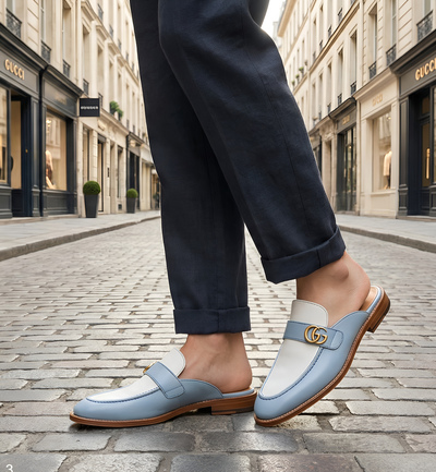 Crafted Leather Handmade Classic Sky / White Leather Mules Loafers Shoes