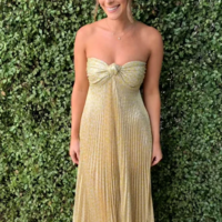 Strapless Women's Metallic Gold Long Prom Evening Dress - Thumbnail 1