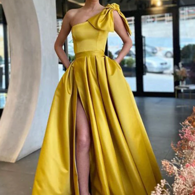 Elegant yellow one shoulder bowknot marigold long prom dresses with side slit