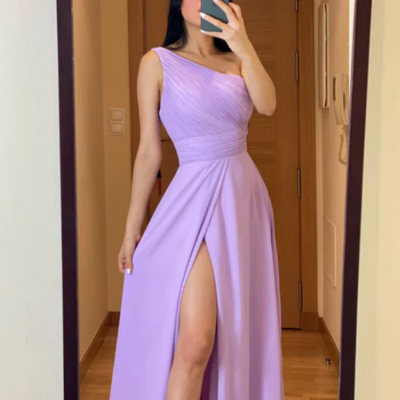 Elegant one shoulder lilac chiffon long prom dresses