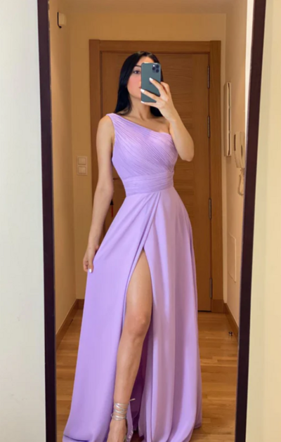 Elegant One Shoulder Lilac Chiffon Long Prom Dresses