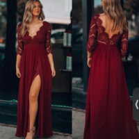 Elegant A-line Burgundy Long Mother Of Bridal Dress, Formal Prom Dress With Side Slit - Thumbnail 1