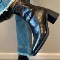 Calfskin genuine leather silent square-toe slim ankle retro Martin boots 2 colors - Thumbnail 1