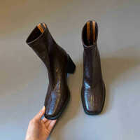 Calfskin genuine leather silent square-toe slim ankle retro Martin boots 2 colors - Thumbnail 3