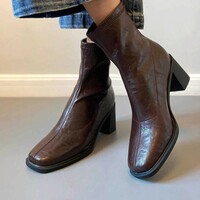 Calfskin genuine leather silent square-toe slim ankle retro Martin boots 2 colors - Thumbnail 4