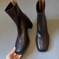 Calfskin genuine leather silent square-toe slim ankle retro Martin boots 2 colors - Thumbnail 5