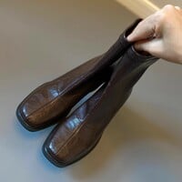 Calfskin genuine leather silent square-toe slim ankle retro Martin boots 2 colors - Thumbnail 6