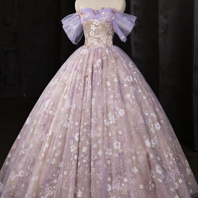 Blush lilac tulle floral applique ball gown